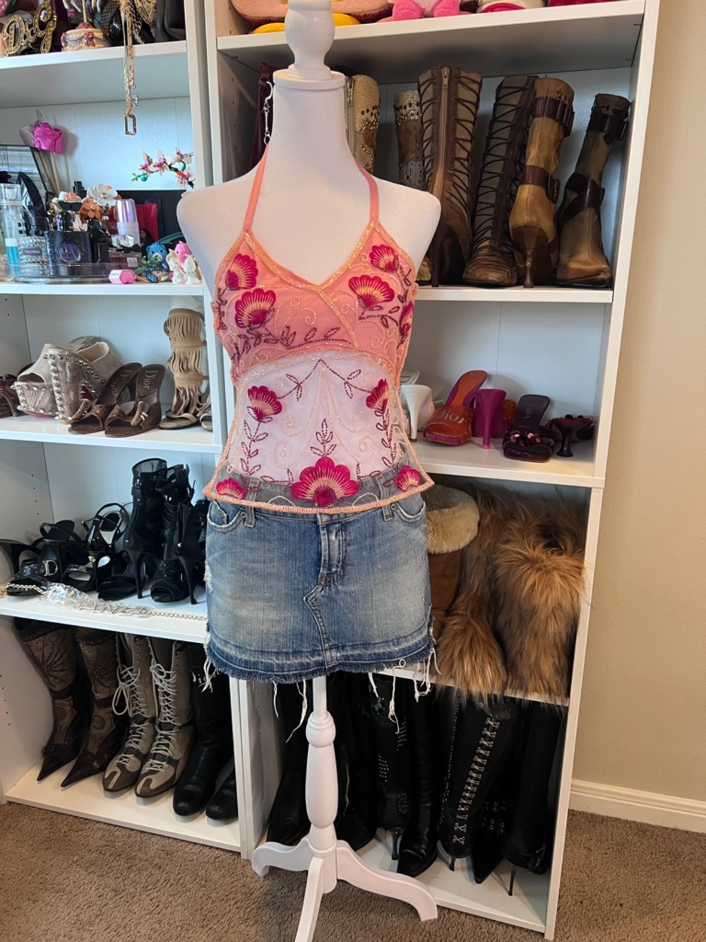 Pink Embroidered Floral Halter Top